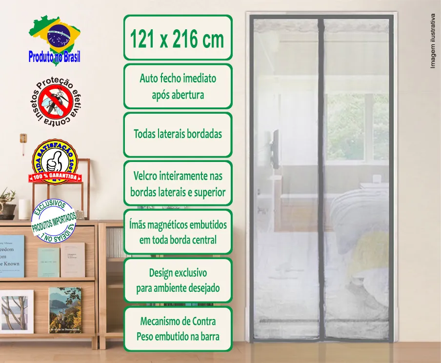 Tela cortina magnética contra insetos, prateada sem estampa 121 x 215 cm