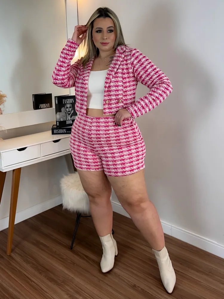Conjunto Casaquinho Shorts Tweed Diva's Voga Rosa/Branco Imagem