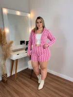 Conjunto Casaquinho Shorts Tweed Diva's Voga Rosa/Branco - Foto 3