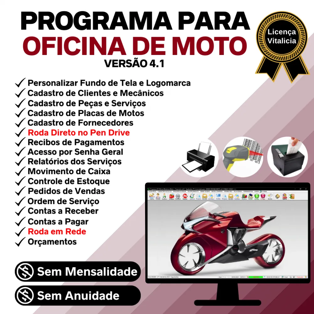 Programa OS Oficina Mecânica MOTO, Vendas, Controle de Estoque e Financeiro v4.1 - FpqSystem