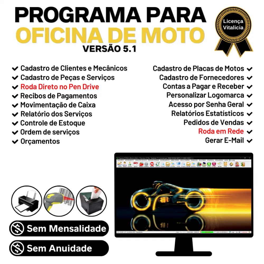 Programa OS Oficina Mecânica Moto com Check List, Vendas, Estoque e Financeiro v5.1 Plus - FpqSystem