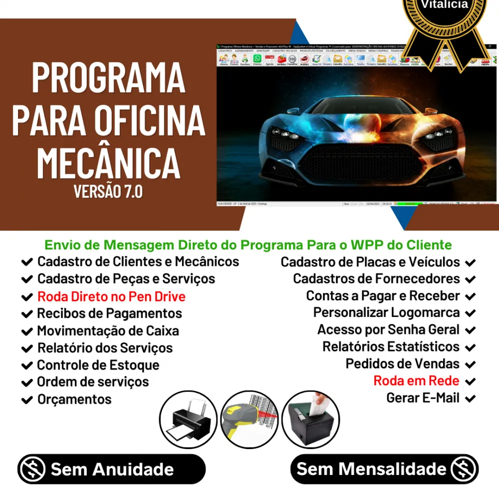 Programa OS Oficina Mecânica com Check List, Vendas, Estoque e Financeiro v6.0 Plus + 