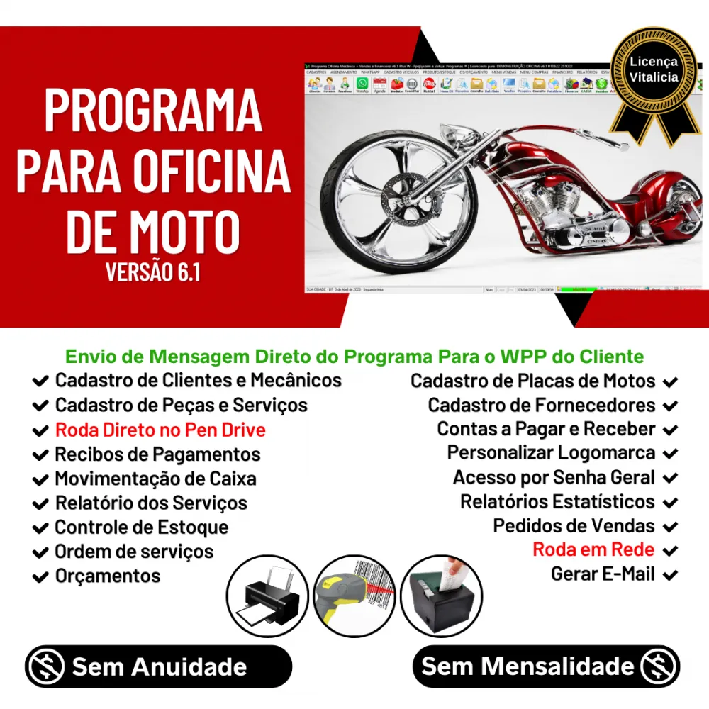 Programa OS Oficina Mecânica Moto com Check List, Vendas, Estoque e Financeiro v6.1 Plus +