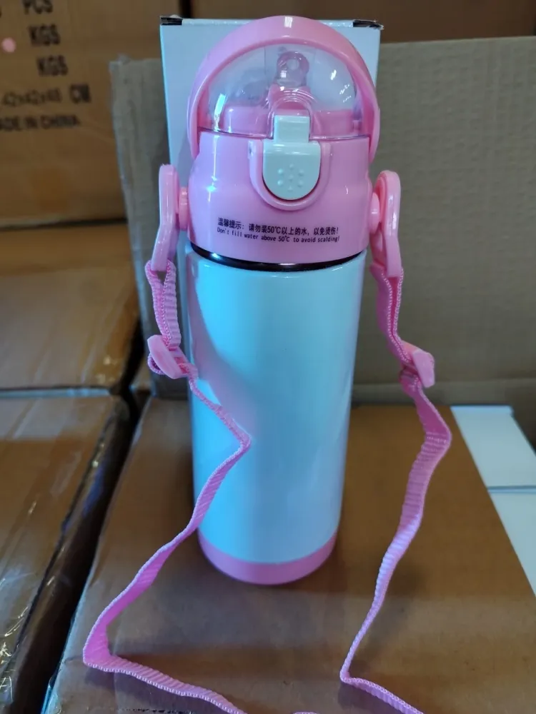 SQUEEZE INFANTIL 350ML BRANCA TAMPAS ROSA OU AZUL TERMICO SUBLIMATICO INOX COM ALÇA TIRA COLO Imagem