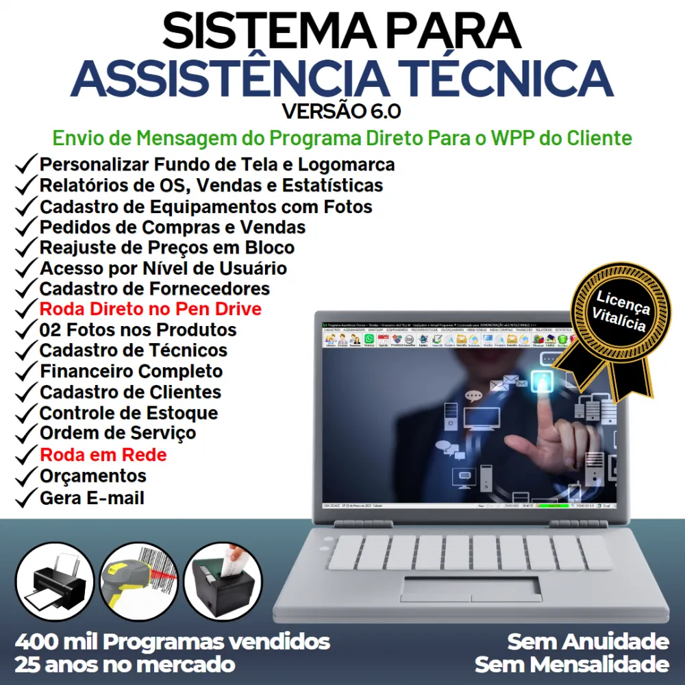 Sistema Ordem de Serviço Assistencia Tecnica, Vendas, Estoque e Financeiro v6.0 Plus + WhatsApp
