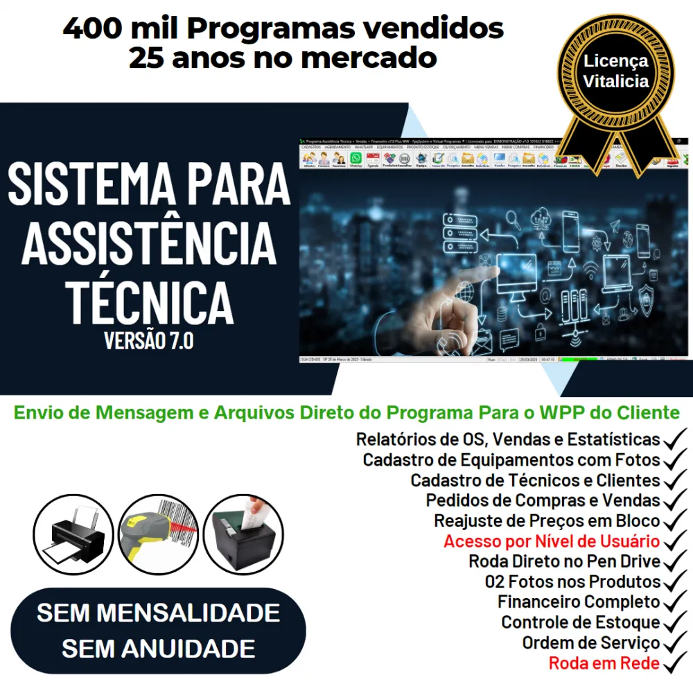 Sistema Ordem de Serviço Assistencia Tecnica, Vendas, Estoque e Financeiro v7.0 Plus + WhatsApp