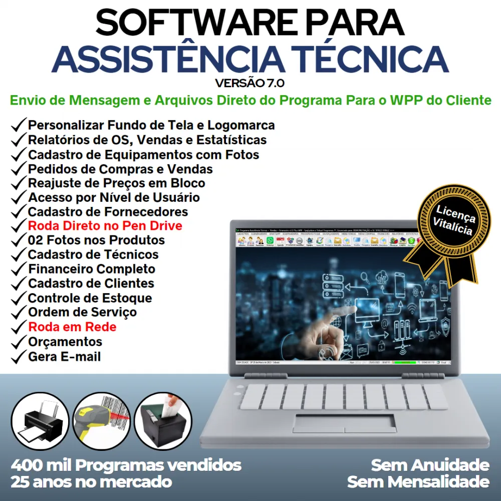 Software Ordem de Serviço Assistencia Tecnica, Vendas, Estoque e Financeiro v7.0 Plus + WhatsApp