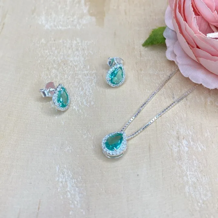 Conjunto de Prata 950 - Gota Verde - CJT303 