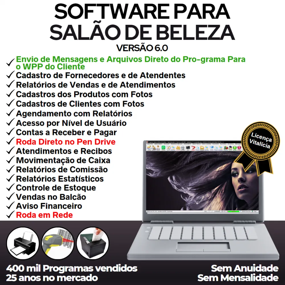 Software Salão de Beleza, Agendamento, Vendas e Financeiro v6.0 Plus WhatsApp via Atendimento