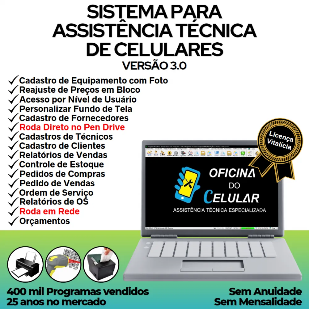 Sistema Ordem de Serviço Assistência Técnica Celular, Vendas e Estoque v3.0
