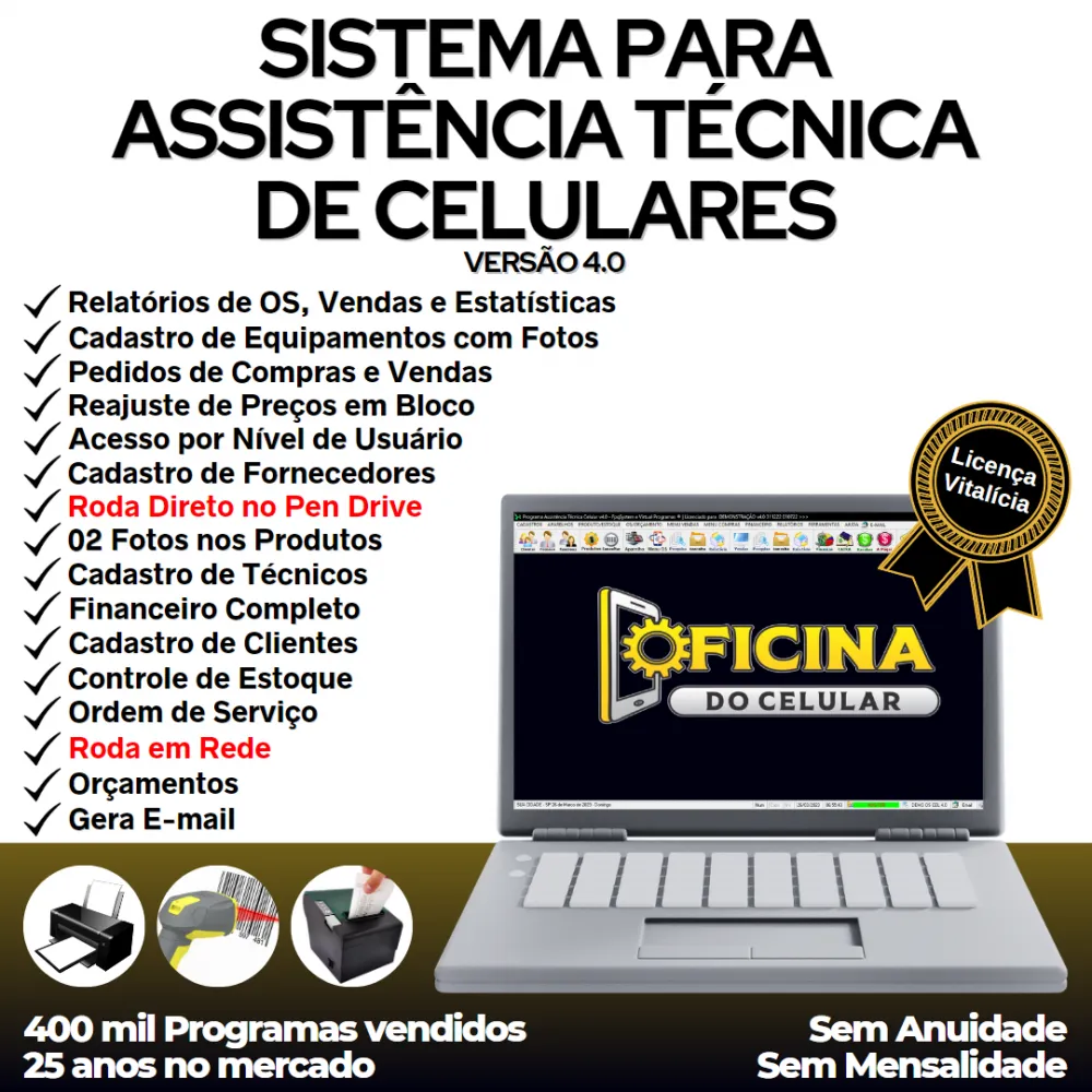 Sistema Ordem de Serviço Assistência Técnica Celular, Vendas, Estoque e Financeiro v4.0 Plus