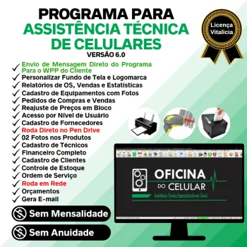 Programa Ordem de Serviço Assistência Técnica Celular, Vendas, Estoque e Financeiro v6.0 Plus + WhatsApp