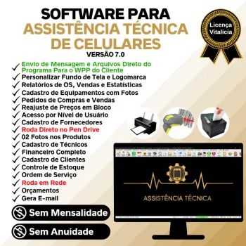 Software Ordem de Serviço Assistência Técnica Celular, Vendas, Estoque e Financeiro v7.0 Plus + WhatsApp