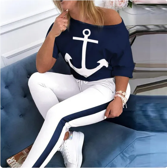 Tricô Mulheres Calças Set Moda Roupas Verão 2023 Barco Anchor Print Patchwork Casual Stretch Bodycon Combinando Duas Peças