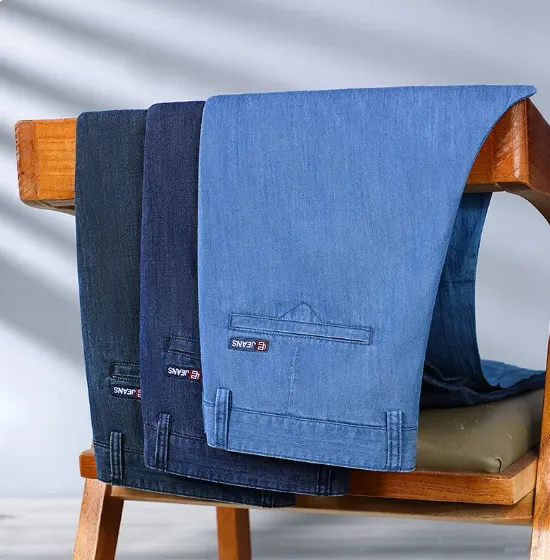 Jeans jeans leves de algodão stretch masculino, cintura alta, fino, cinza claro, Lyocell Fit, reto, marca casual para negócios, 2023