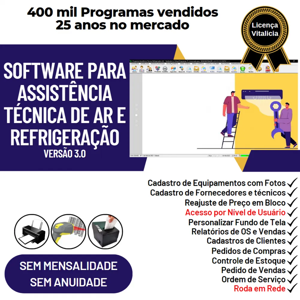 Software de Programa Ordem de Serviço Assistência Técnica Ar e Refrigeração + Vendas e Estoque v3.0
