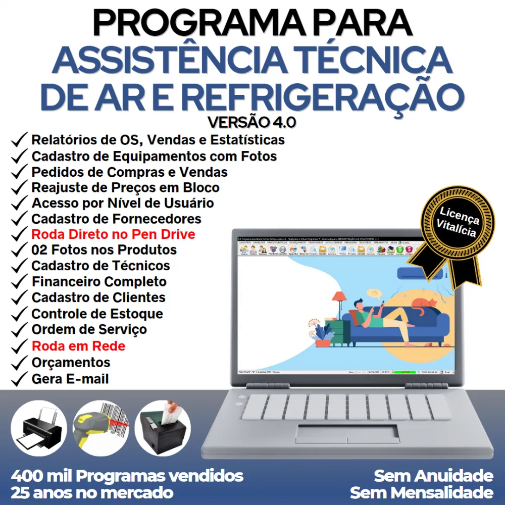 Programa Ordem de Serviço Assistência Técnica Ar e Refrigeração + Vendas, Estoque e Financeiro v4.0 Plus