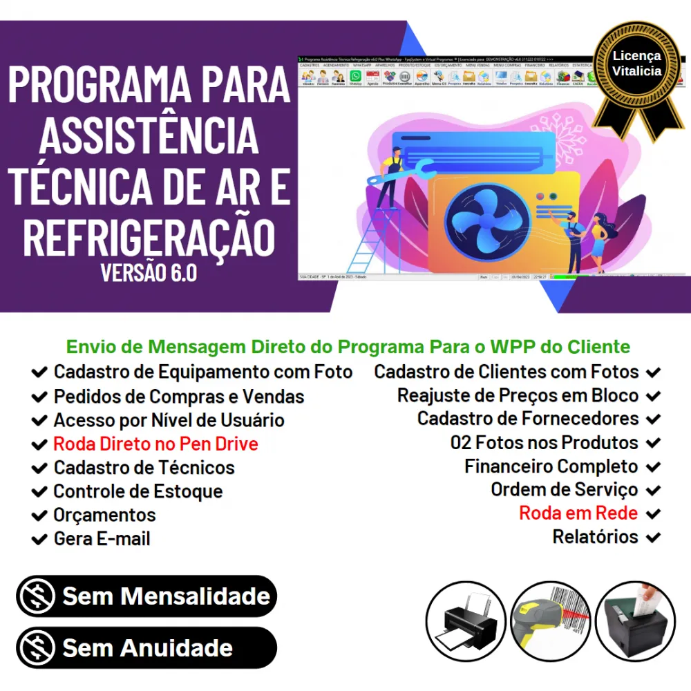 Programa Ordem de Serviço Assistência Técnica para Ar e Refrigeração + Vendas, Estoque e Financeiro v6.0 Plus + WhatsApp