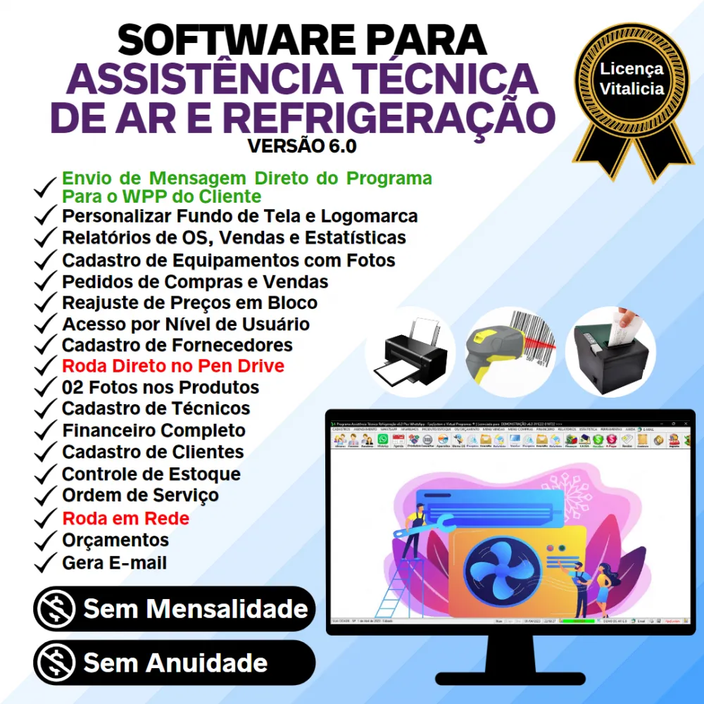 Software Ordem de Serviço Assistência Técnica para Ar e Refrigeração + Vendas, Estoque e Financeiro v6.0 Plus + WhatsApp