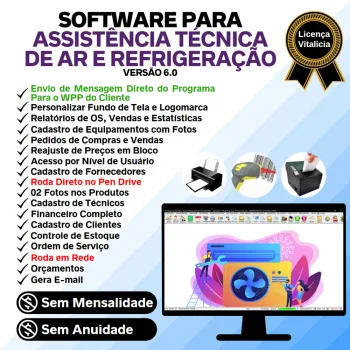 Software Ordem de Serviço Assistência Técnica para Ar e Refrigeração + Vendas, Estoque e Financeiro v6.0 Plus + WhatsApp
