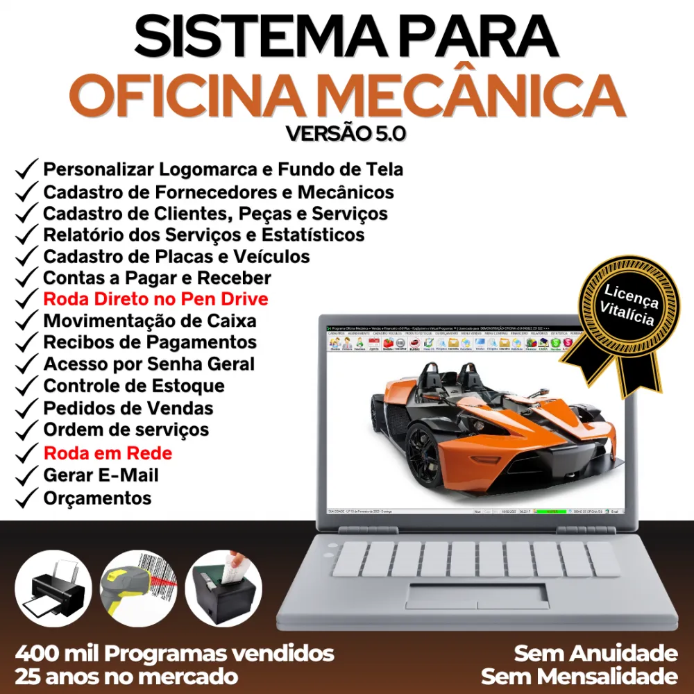 Sistema OS Oficina Mecânica com Check List, Vendas, Estoque e Financeiro v5.0 Plus