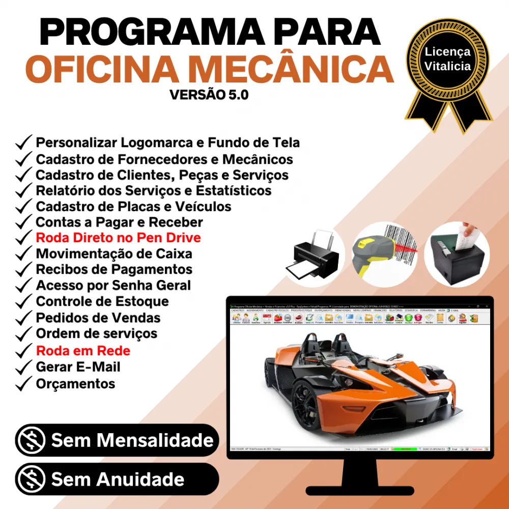   Programa OS Oficina Mecânica com Check List, Vendas, Estoque e Financeiro v5.0 Plus