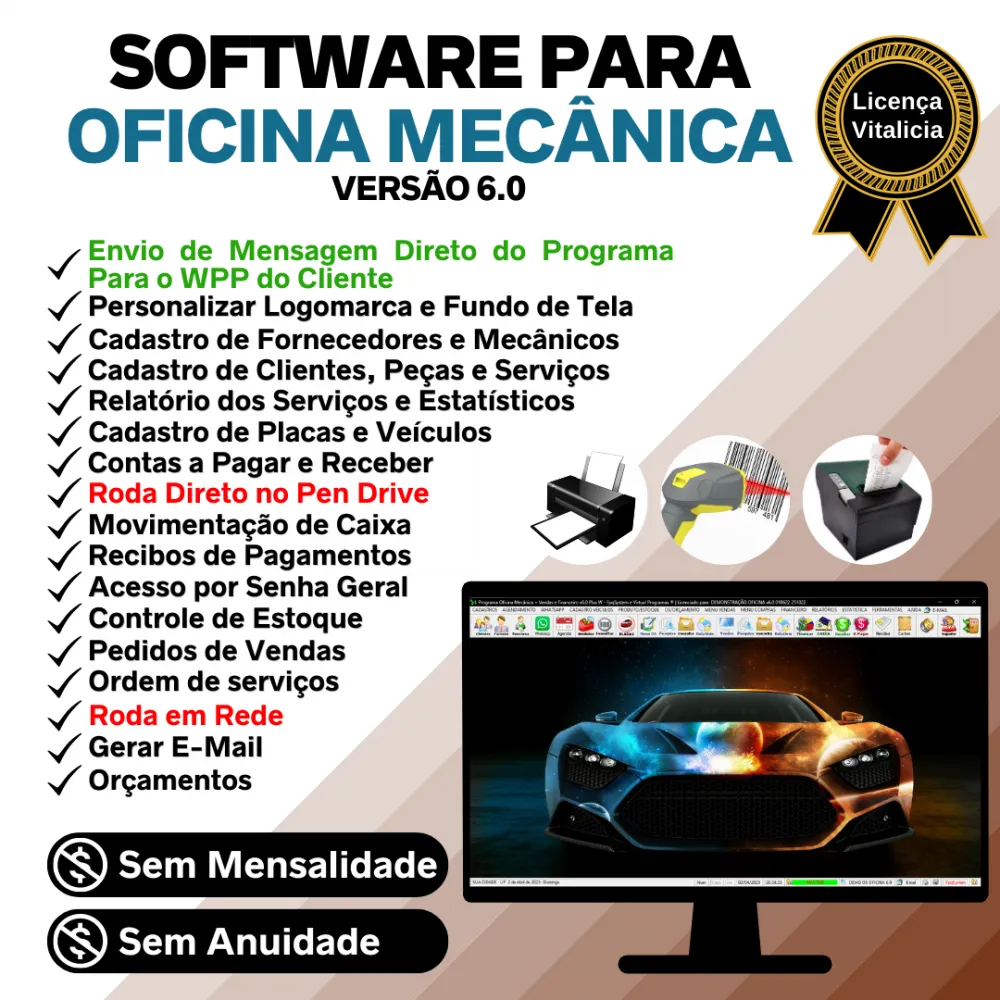 Software OS Oficina Mecânica com Check List, Vendas, Estoque e Financeiro v6.0 Plus +