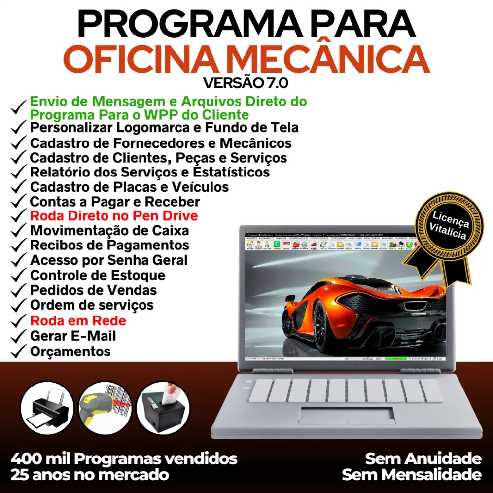 Programa OS Oficina Mecânica com Check List, Vendas, Estoque e Financeiro v7.0 Plus + WhatsApp