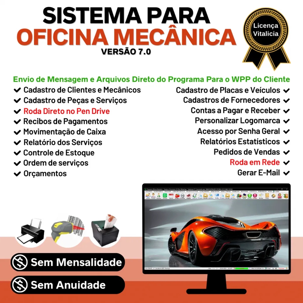 Sistema OS Oficina Mecânica com Check List, Vendas, Estoque e Financeiro v7.0 Plus + WhatsApp