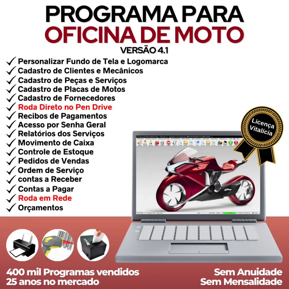 Programa OS Oficina Mecânica MOTO, Vendas, Controle de Estoque e Financeiro v4.1