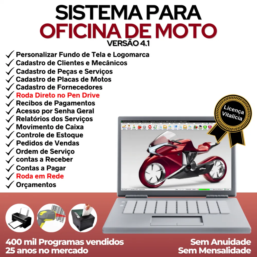 Sistema OS Oficina Mecânica MOTO, Vendas, Controle de Estoque e Financeiro v4.1