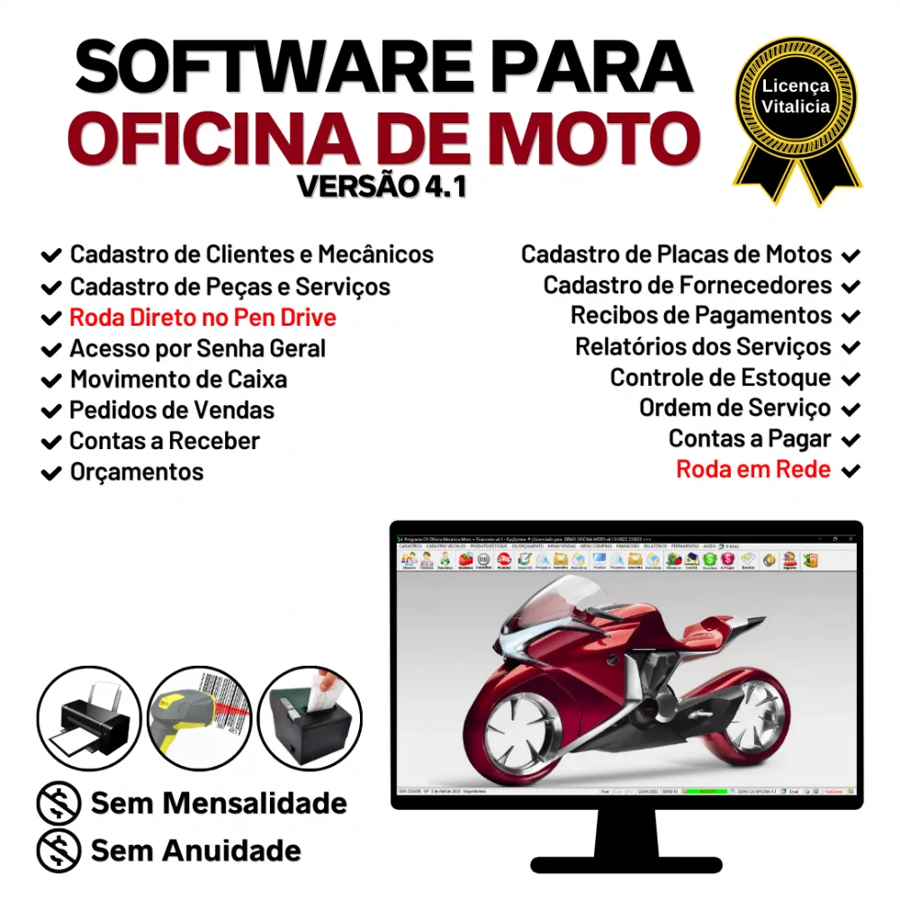 Software OS Oficina Mecânica MOTO, Vendas, Controle de Estoque e Financeiro v4.1