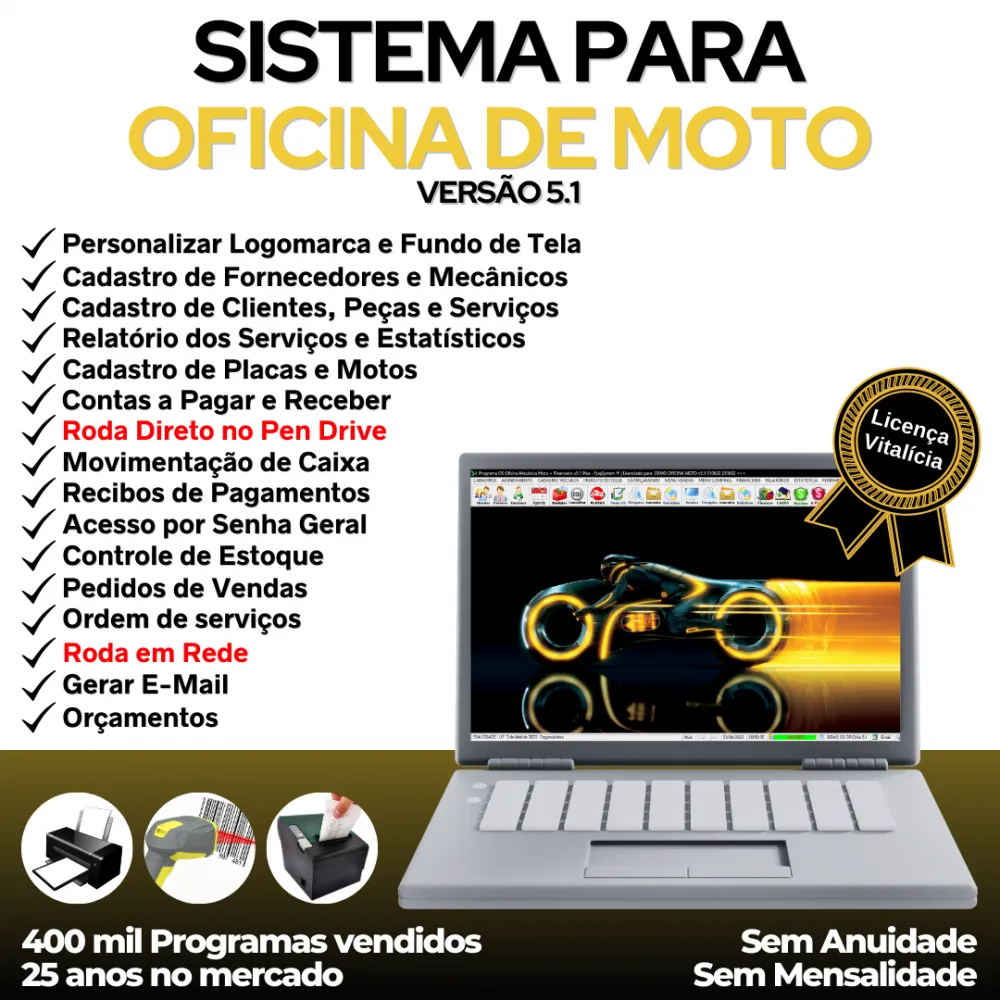 Sistema OS Oficina Mecânica Moto com Check List, Vendas, Estoque e Financeiro v5.1 Plus