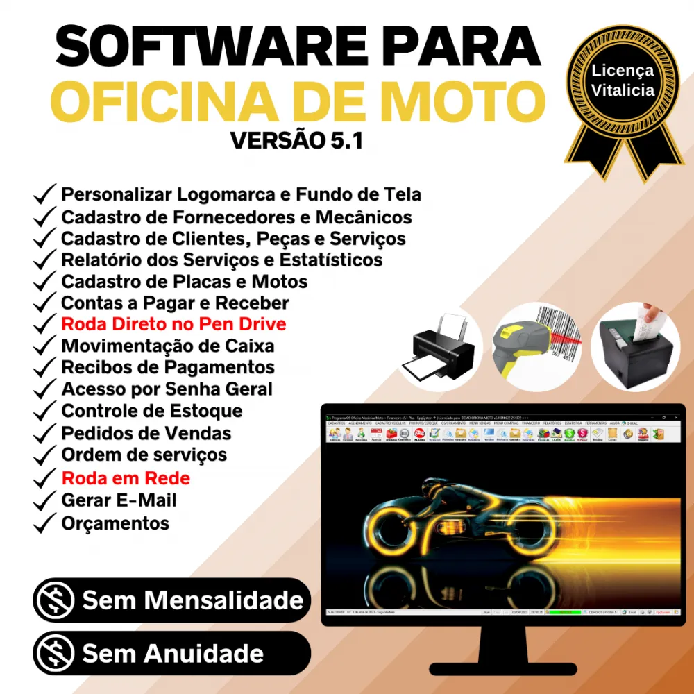 Software OS Oficina Mecânica Moto com Check List, Vendas, Estoque e Financeiro v5.1 Plus