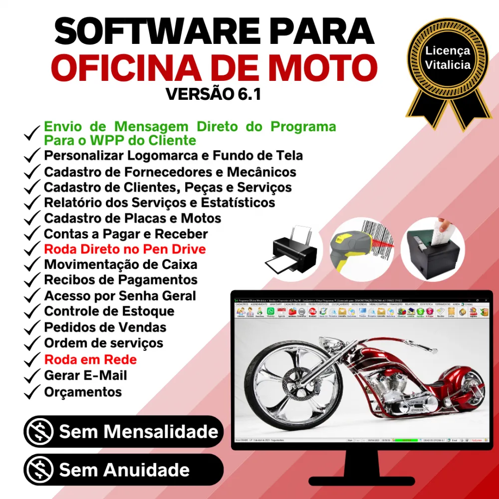 Software OS Oficina Mecânica Moto com Check List, Vendas, Estoque e Financeiro v6.1 Plus +