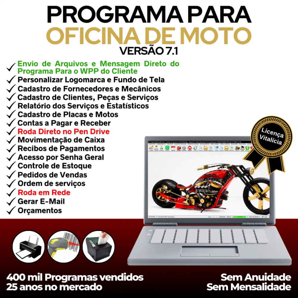 Programa OS Oficina Mecânica Moto com Check List, Vendas, Estoque e Financeiro v7.1 Plus + WhatsApp