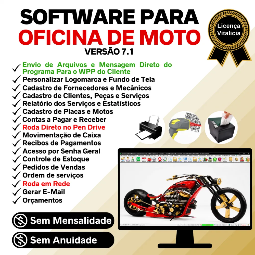 Software OS Oficina Mecânica Moto com Check List, Vendas, Estoque e Financeiro v7.1 Plus + WhatsApp