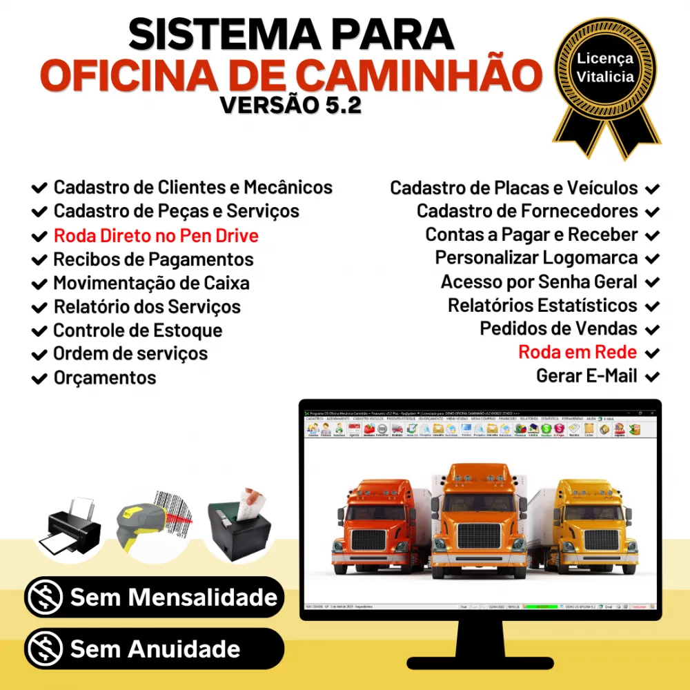 Sistema OS Oficina Mecânica Caminhão com Check List, Vendas, Estoque e Financeiro v5.2 Plus