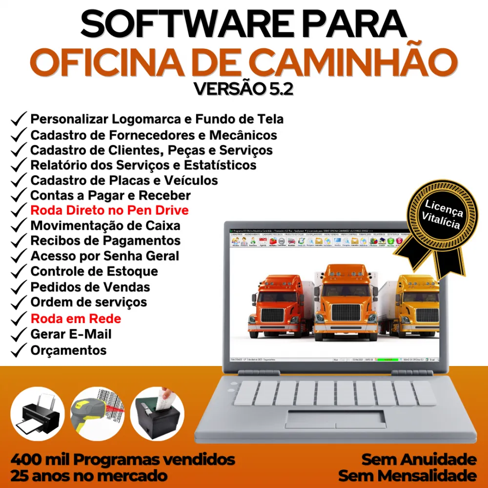 Software OS Oficina Mecânica Caminhão com Check List, Vendas, Estoque e Financeiro v5.2 Plus