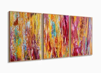 Quadro Abstrato Colorido Artístico Escritório Tecido 3 Peças com Moldura Filete