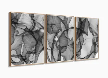 Quadro Abstrato Design Moderno Preto E Branco Vertical 3 Peças 120x60 em tecido com Moldura Filete