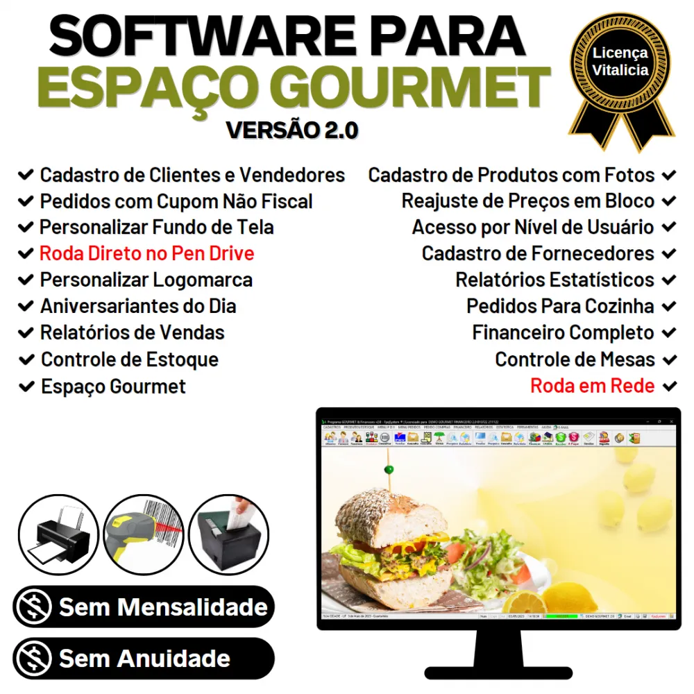 Software Espaço Gourmet + PDV + Controle de Mesas e Financeiro v2.0 - Plus - FPQsystem