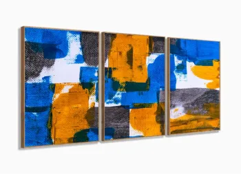Quadro Decorativo Abstrato Azul Amarelo 3 peças 120x60