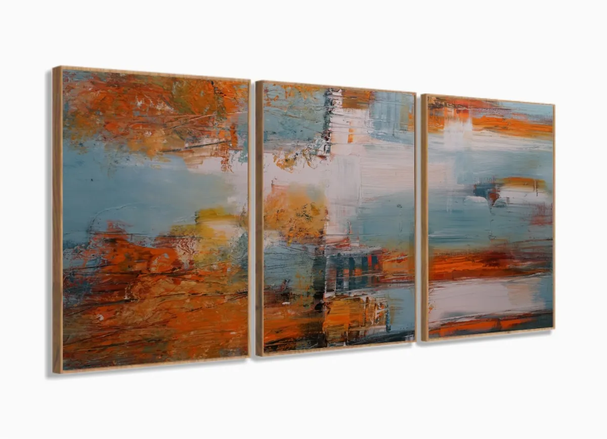 Quadro Decorativo Abstrato Marron 3pç 120x60 com moldura filete Imagem