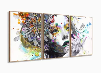 Quadro Decorativo Abstrato Mulher Colorido 120x60 3 peças com moldura filete