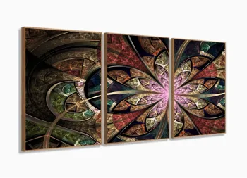 Quadros Decorativos Fractal Abstrato Flor Sala Quarto 120x60 3 peças com moldura filete