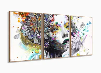 Quadros Decorativos Menina Abstrato Colorido Sala 120x60 3 peças com moldura filete