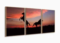Quadro 2 Cavalos Por do Sol 120x60 3 peças em Tecido com moldura filete