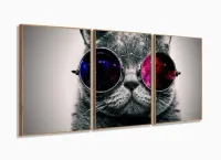 Quadro Decorativo  Gato Pisicodelico Cinza 120x60 3 peças com moldura filete