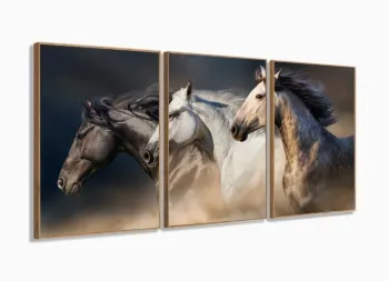 Quadro Decorativo 3 Cavalos 3 Peças 120x60 cm com moldura filete